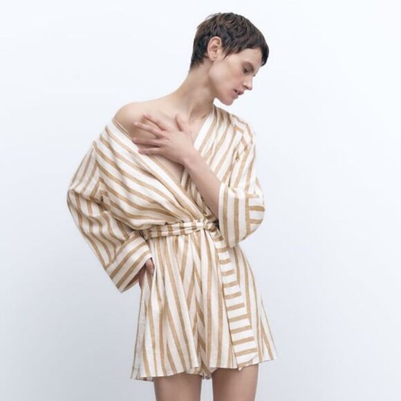 Zara Linen Blend Jumpsuit Striped New - Picture 3 of 11